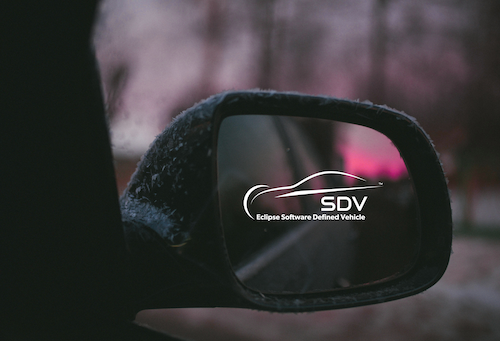 Close-up of a car’s side mirror on a cold day, with frost on the mirror housing. Reflected in the mirror is the ‘SDV – Eclipse Software Defined Vehicle’ logo, with blurred pink and white lights and trees in the background