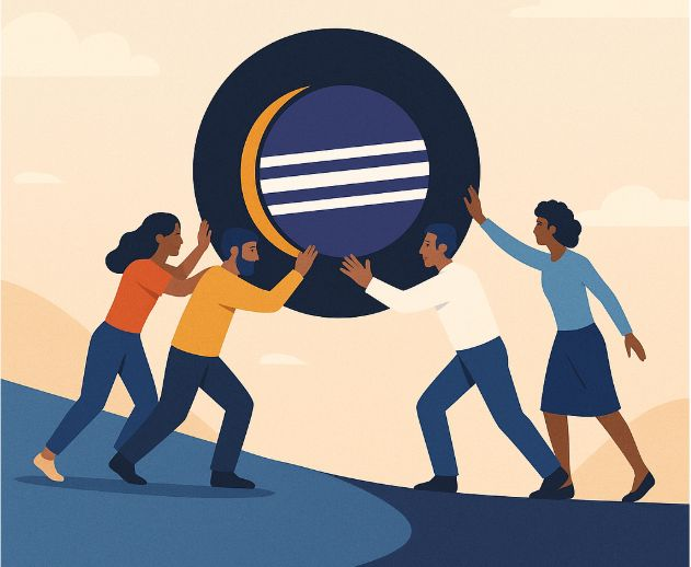 A group of people carrying the Eclipse IDE logo