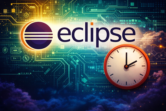 Stylised illustration of the Eclipse IDE logo integrated into a high tech circuit background, representing the underlying platform technologies supporting the Eclipse ecosystem.