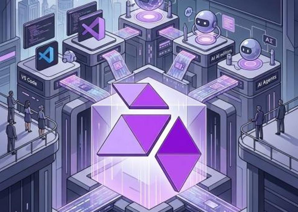 Open VSX as a central extension registry connecting VS Code, AI editors, and AI agents through shared extension flows.