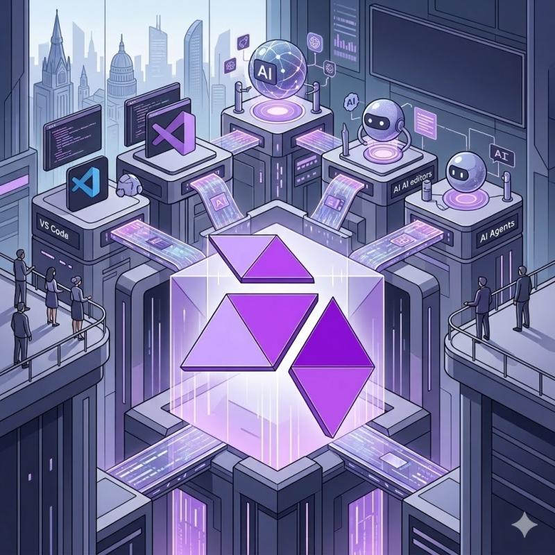 Open VSX as a central extension registry connecting VS Code, AI editors, and AI agents through shared extension flows.