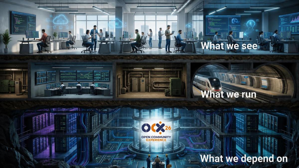 Three-layer illustration of a digital ecosystem: developers working in modern IDE environments at the top labelled ‘What we see’, operational systems like control rooms and transport infrastructure in the middle labelled ‘What we run’, and a large underground data centre with servers and the Open Community Experience logo at the core labelled ‘What we depend on’.