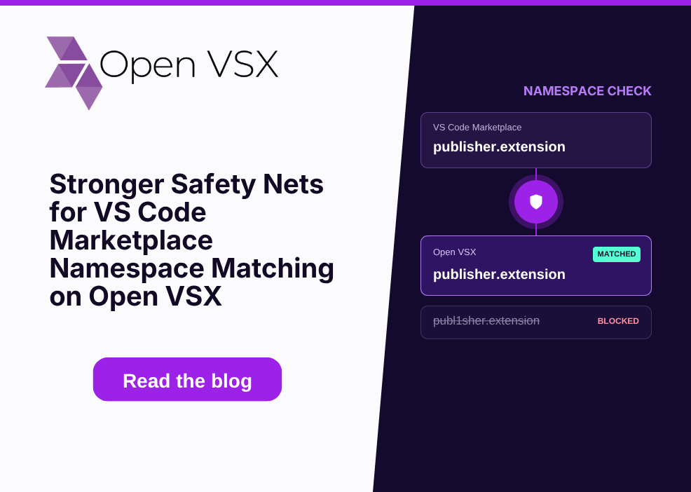 Banner image with caption 'Stronger Safety Nets for VS Code Marketplace Namespace Matching on Open VSX'