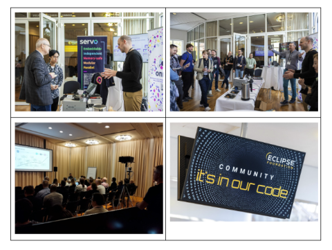 Pictures of Eclipsecon 2023 Oniro participants, two showcasing different demos, one in the Birds of a Feather event and the main theme of Eclipse foundation It's in our code