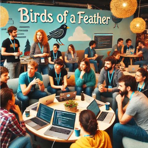 image showing a more relaxed Birds of a Feather session. Participants are casually mingling and enjoying their beverages, in a vibrant, modern lounge setting. The "Birds of a Feather" sign is also prominently displayed in this setting.