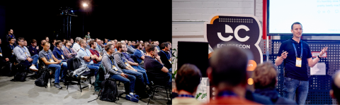 Two pictures showing an audience and a conference speaker