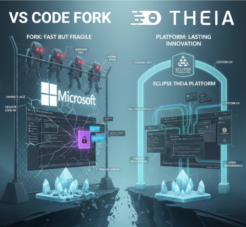 Image showing on the left the VS Code Fork with many frightening robots, and on the right the Theia Platform with a much nicer set of tools