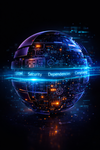 Exploded view of a complex technological sphere revealing internal software components, circuit boards, and data layers, with scanning light highlighting transparency, SBOMs, and regulatory compliance.