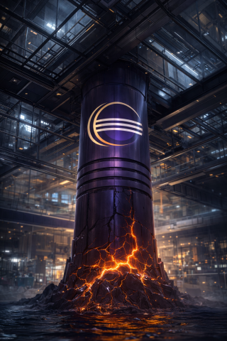 Futuristic architectural pillar inspired by Eclipse Platform design, supporting a heavy glass and steel structure, with subtle glowing cracks at its base indicating structural stress and sustainability risk.