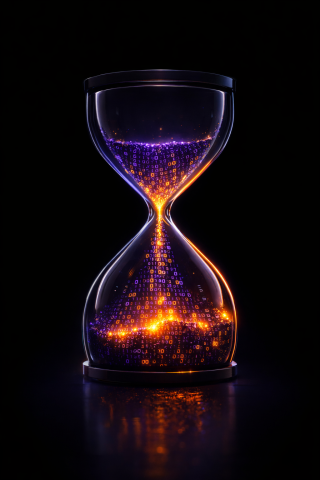Modern digital hourglass on a dark background, with glowing streams of binary code flowing downward, symbolising time pressure and the urgency to act on platform sustainability.