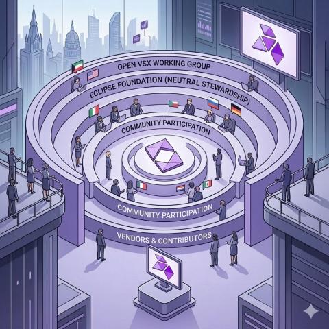 Open VSX governance model showing Eclipse Foundation stewardship, working group coordination, and community participation.