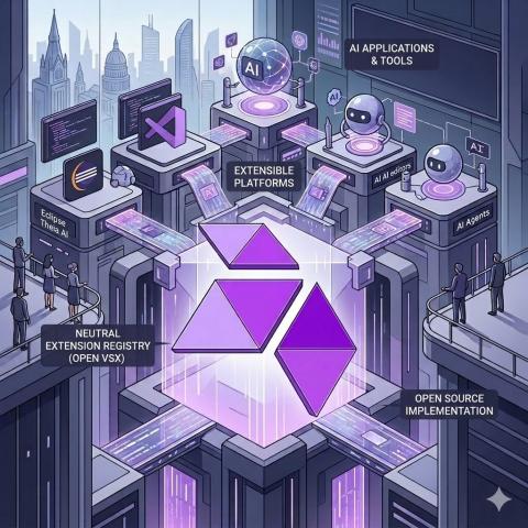 Centralised extension registry concept illustrating how Open VSX connects developer tools, platforms, and AI systems.