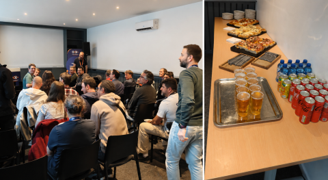 Side-by-side images showing a community meetup: on the left, a group of attendees seated and interacting during a workshop session; on the right, a table with refreshments including drinks, snacks, and finger food.