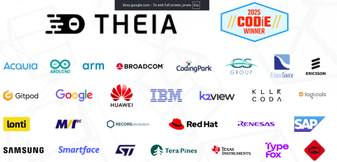 Eclipse Theia ecosystem graphic featuring the Theia logo, a 2025 CODiE Award winner badge, and logos of organisations using or contributing to Theia, including Arduino, Arm, Broadcom, Google, Huawei, IBM, Red Hat, Samsung, STMicroelectronics, Texas Instruments, SAP, Ericsson and others.