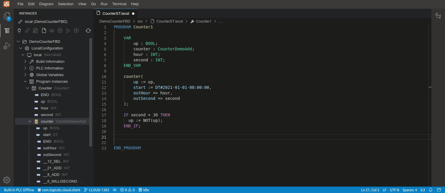 logi.CLOUD Engineering Tool: Code completion, validation (dark theme) (based on Xtext and Eclipse Theia theming support)