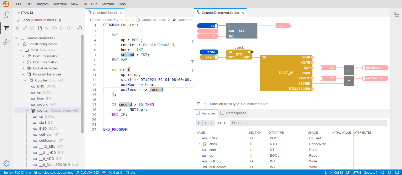 logi.cloud Engineering Tool: Program instances, ST editor and FBD editor (based on the Theia workbench)